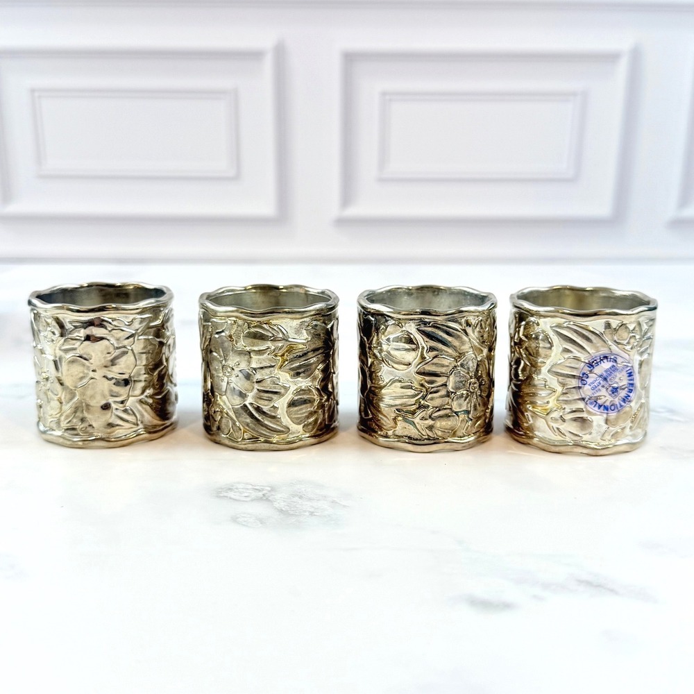 VTG NIB Set of 4 International Silver Company Botanica Silverplated Napkin Rings